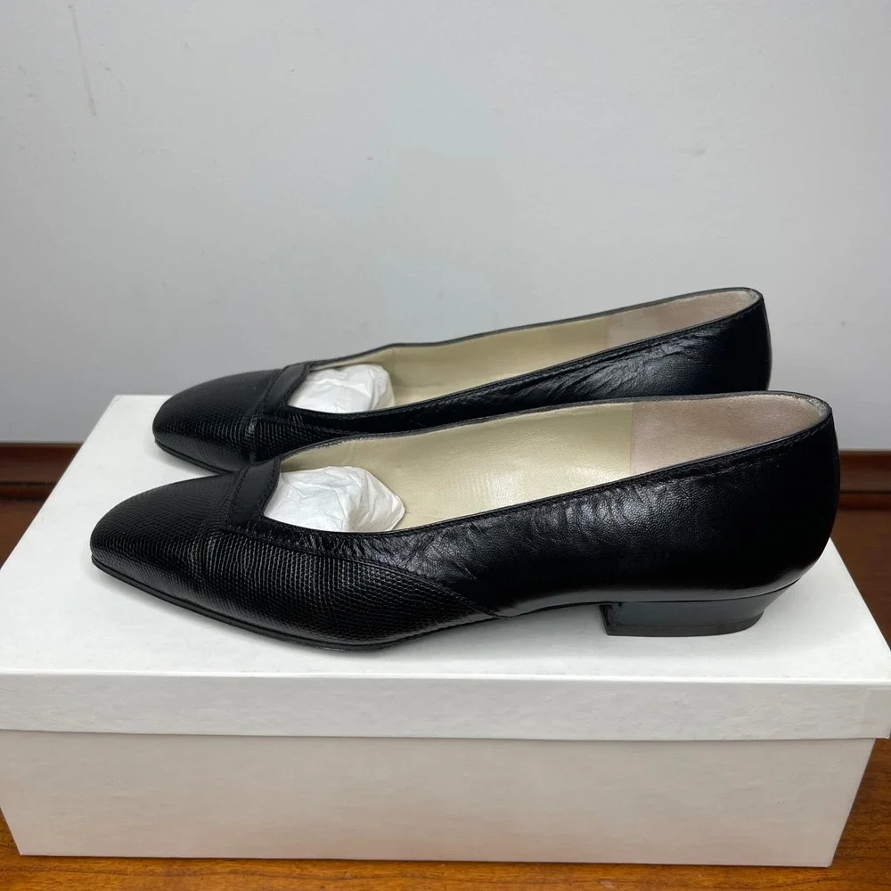 Rene Mancini Paris Black Leather Lizard Embossed Pointed Toe‎ Pumps 34.5/4.5